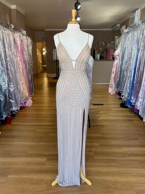 Beaded Nude/ Silver Evening Gown with Side Slit